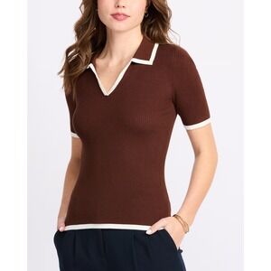 Montgomery Post Brown Ribbed Knit Polo Top Short Sleeve Contrast Trim NWT